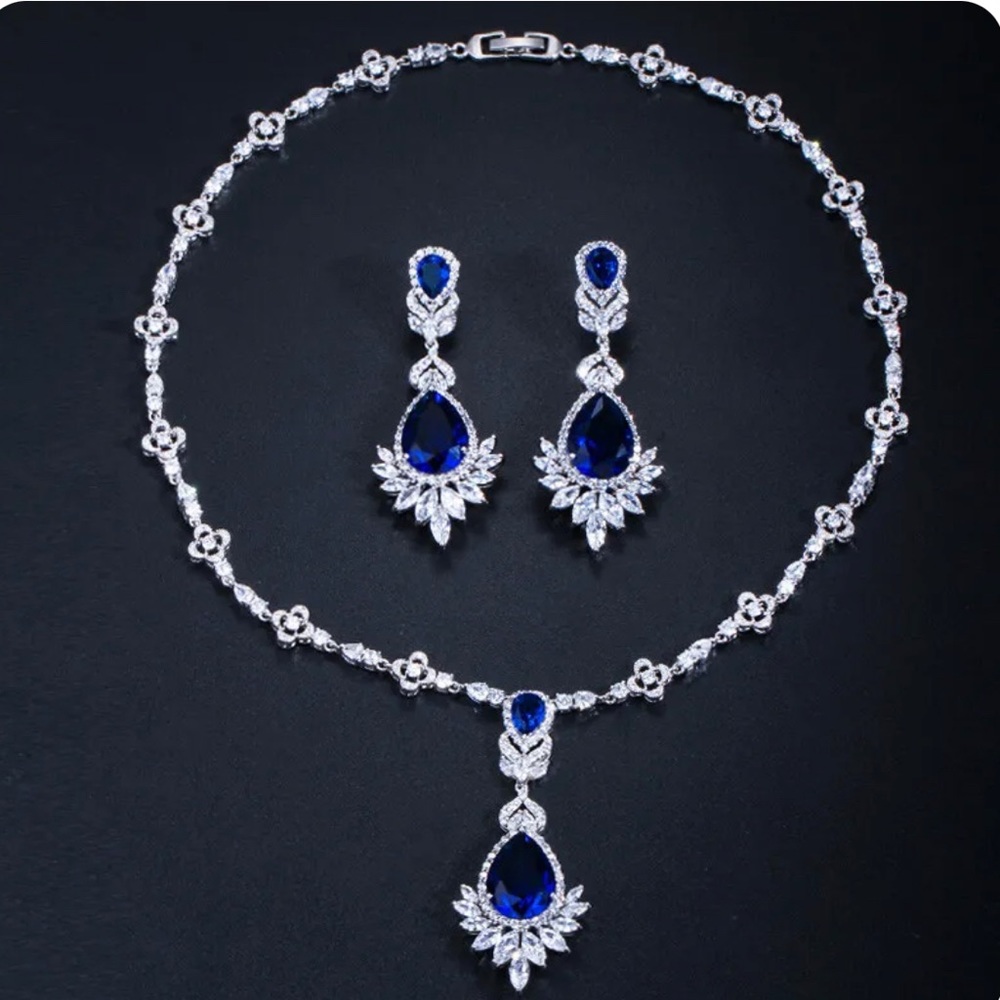 CWWZircons Big CZ Blue Crystal Bridal Wedding Necklace Earrings Jewelry Sets